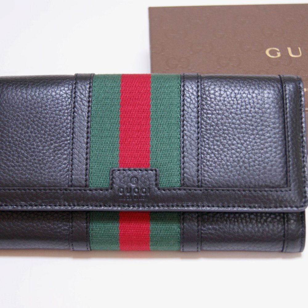 Gucci Unisex Continental Black Leather WEB Green Red Wallet Purse